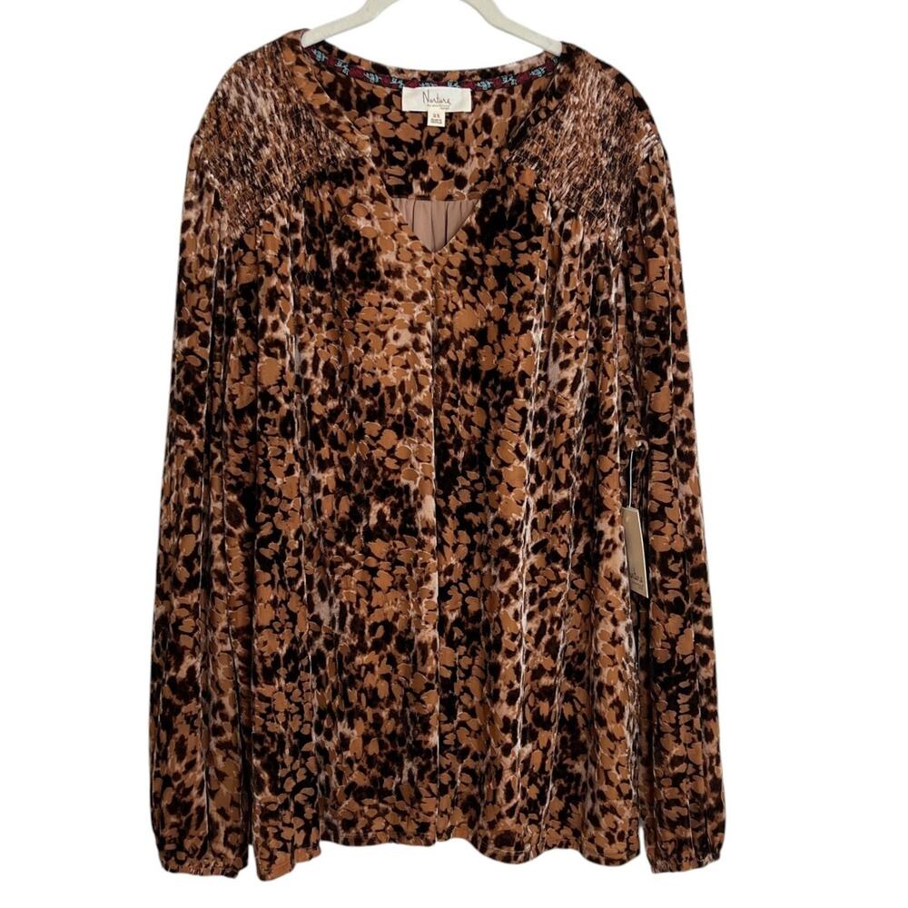 Nurture by Westbound Womens Tunic 2X Brown Animal Print Velvet Long Sleeve
